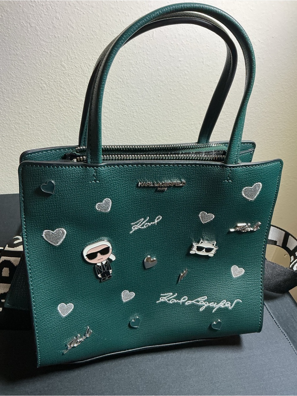Karl Lagerfeld Teal Embellished Tote with Signature Charms